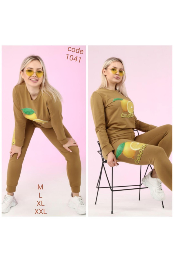 kadın 2li pamuklu kumaş baskılı sarı renk eşofman takımı, caroline-1041-sari, eşofman takımı, Caroline