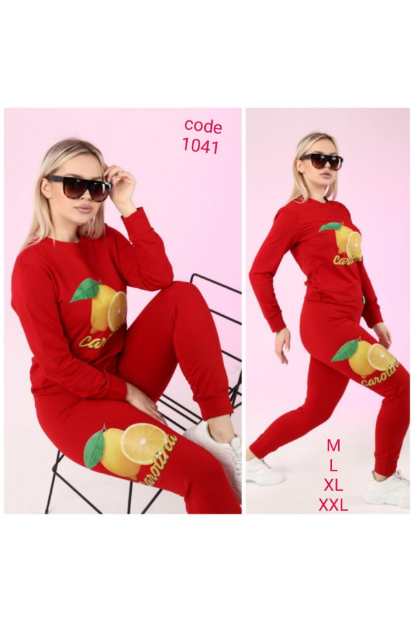 kadın 2li pamuklu kumaş baskılı koyu kırmızı renk eşofman takımı, caroline-1041-kkrmz, eşofman takımı, Caroline