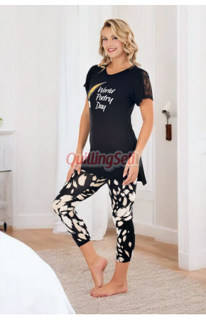 Siyah - Beyaz Renk ve Desenli Pamuklu Kadınların Tercihi Lady 12071 Taytlı Kapri Lady Pijama Takımı