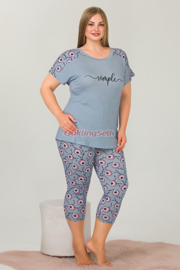 gri renk ve çiçek desenli lady 10660 büyük beden kapri pijama takımı, lady10660-2xl, lady pijama takımı, Lady