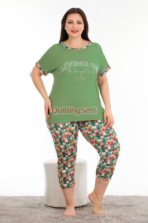 yeşil renk ve çiçek desenli lady 10678 büyük beden kapri pijama takımı, 8509990021702, lady pijama takımı, Lady