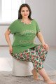 yeşil renk ve çiçek desenli lady 10678 büyük beden kapri pijama takımı, 8509990021702, lady pijama takımı, Lady