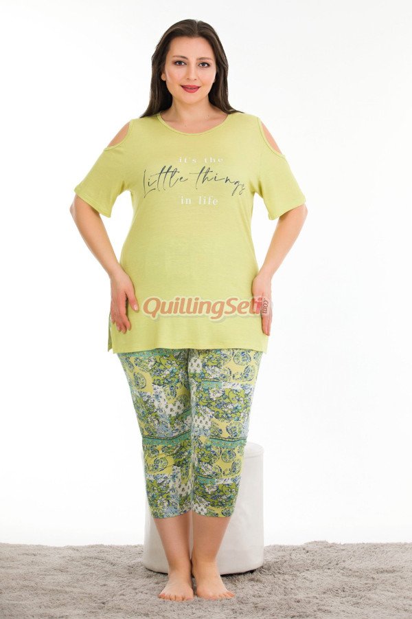 sarı renk ve çiçek desenli lady 10679 büyük beden kapri pijama takımı, lady10679-2xll, lady pijama takımı, Lady