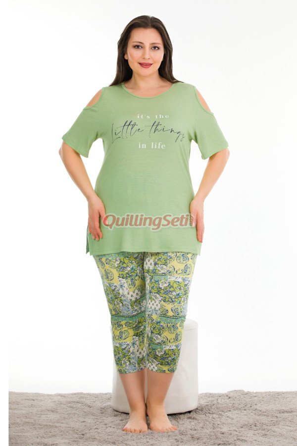 açık yeşil renk ve çiçek desenli lady 10679 büyük beden kapri pijama takımı, lady10679-2xl, lady pijama takımı, Lady