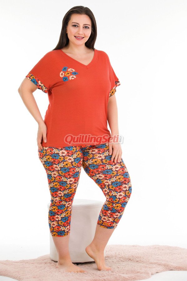 turuncu renk ve çiçek desenli lady 10680 büyük beden kapri pijama takımı, lady10680-2xl, lady pijama takımı, Lady