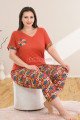 turuncu renk ve çiçek desenli lady 10680 büyük beden kapri pijama takımı, lady10680-2xl, lady pijama takımı, Lady