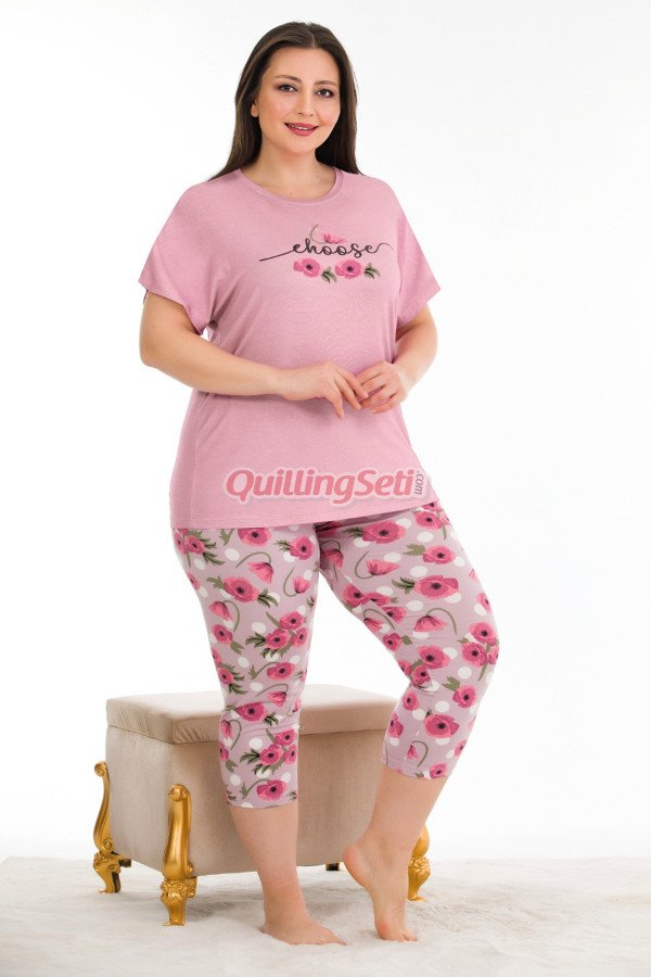 gül kurusu renk ve çiçek desenli lady 10681 büyük beden kapri pijama takımı, lady10681-2xl, lady pijama takımı, Lady