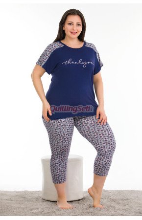 Lacivert Renk ve Çiçek Desenli Lady 10682 Büyük Beden Kapri Pijama Takımı