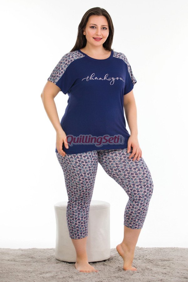 lacivert renk ve çiçek desenli lady 10682 büyük beden kapri pijama takımı, lady10682-2xl, lady pijama takımı, Lady