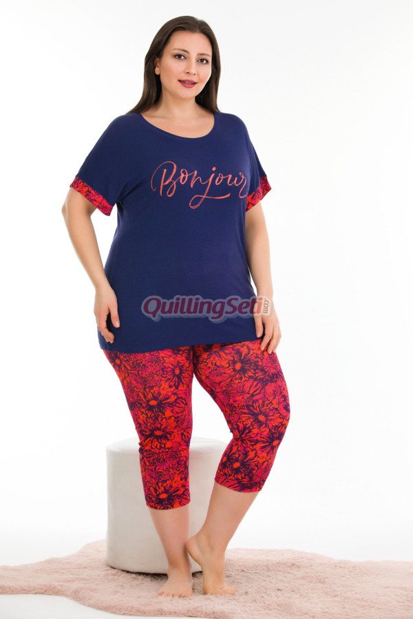 lacivert renk ve çiçek desenli lady 10683 büyük beden kapri pijama takımı, lady10683-2xl, lady pijama takımı, Lady