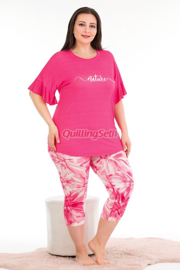 pembe renk ve çiçek desenli lady 10684 büyük beden kapri pijama takımı, lady10684-2xl, lady pijama takımı, Lady