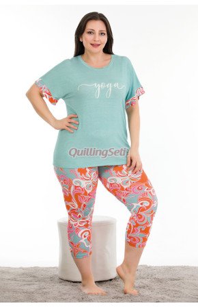 Mavi Renk ve Çiçek Desenli Lady 10685 Büyük Beden Kapri Pijama Takımı