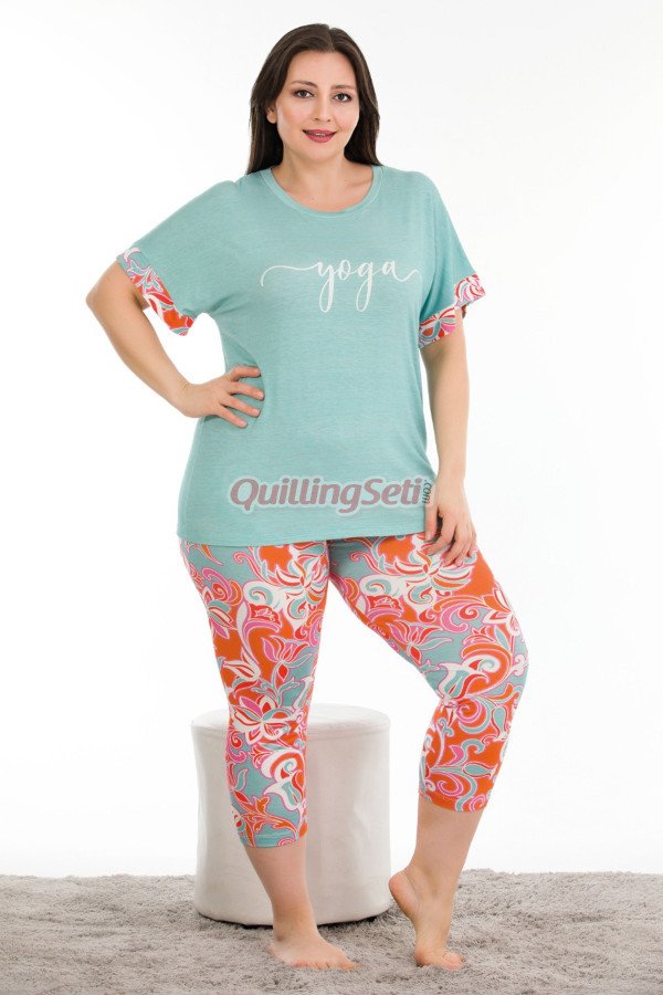 mavi renk ve çiçek desenli lady 10685 büyük beden kapri pijama takımı, lady10685-2xl, lady pijama takımı, Lady