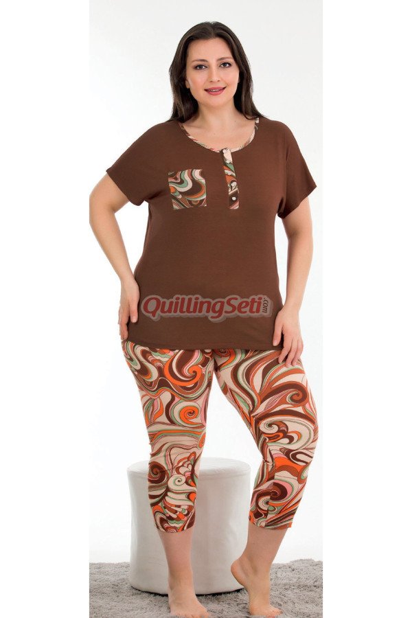 kahverengi renk ve çiçek desenli lady 10686 büyük beden kapri pijama takımı, lady10686-2xl, lady pijama takımı, Lady