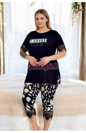 Siyah Renk ve Desenli Lady 10726  Kadın Büyük Beden Kapri Pijama Takımı