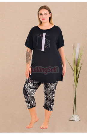 Siyah Renk ve Çiçek Desenli Lady 10729 Kadın Büyük Beden Tayt Kapri Pijama Takımı