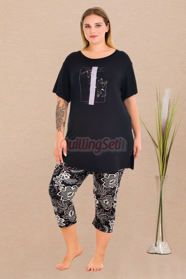 siyah renk ve çiçek desenli lady 10729 kadın büyük beden tayt kapri pijama takımı, 8509990000455, büyük beden kapri pijama takımı, Lady