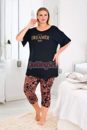 Siyah Renk ve Desenli Lady 10733  Kadın Büyük Beden Tayt Kapri Pijama Takımı