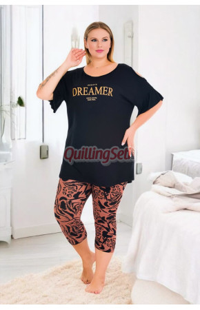 Siyah Renk ve Desenli Lady 10733  Kadın Büyük Beden Tayt Kapri Pijama Takımı