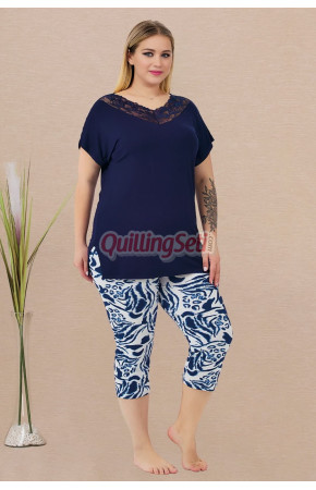 Lacivert Renk ve Desenli Lady 10734 Kadın Büyük Beden Tayt Kapri Pijama Takımı