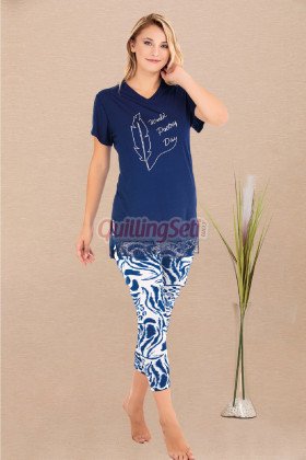 Lacivert Renk ve Desenli Pamuklu Kadınların Tercihi Lady 12084 Taytlı Kapri Pijama Takımı