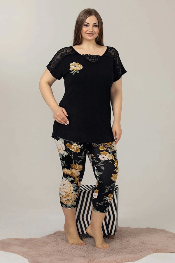 siyah renk ve çiçek desenli lady 10588 kadın büyük beden kapri pijama takımı, ladyy-10588-2x-56653, lady pijama takımı, LADYY-10588-2x-56653