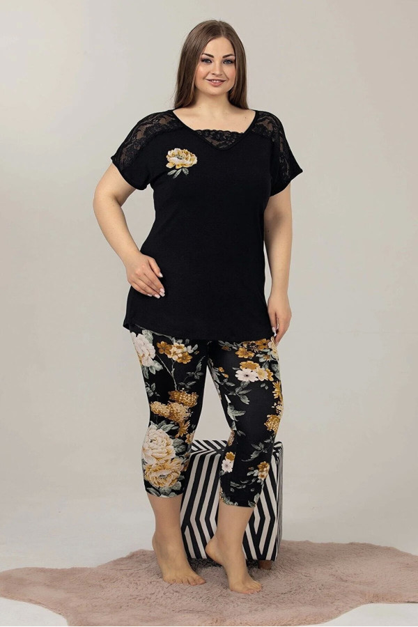 siyah renk ve çiçek desenli lady 10588 kadın büyük beden kapri pijama takımı, ladyy-10588-2x-56653, lady pijama takımı, Lady