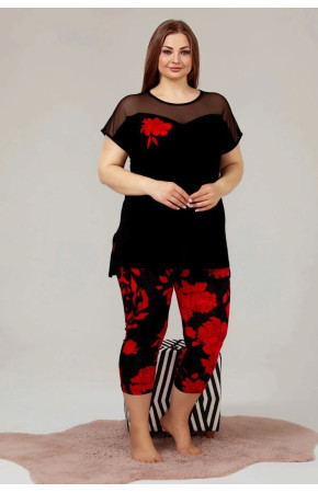 Kadın Siyah Renk ve Çiçek Desenli Lady 10614 Büyük Beden Kapri Pijama Takımı