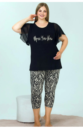 Kadın Siyah Renk ve Zebra Desenli Lady 10633 Büyük Beden Kapri Pijama Takımı