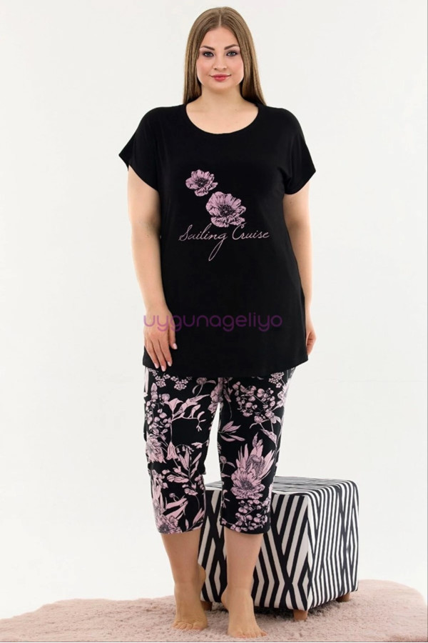 kadın siyah renk ve çiçek desenli lady 10639 büyük beden kapri pijama takımı, eli̇t0010639-2xl, lady pijama takımı, ELİT0010639-2XL