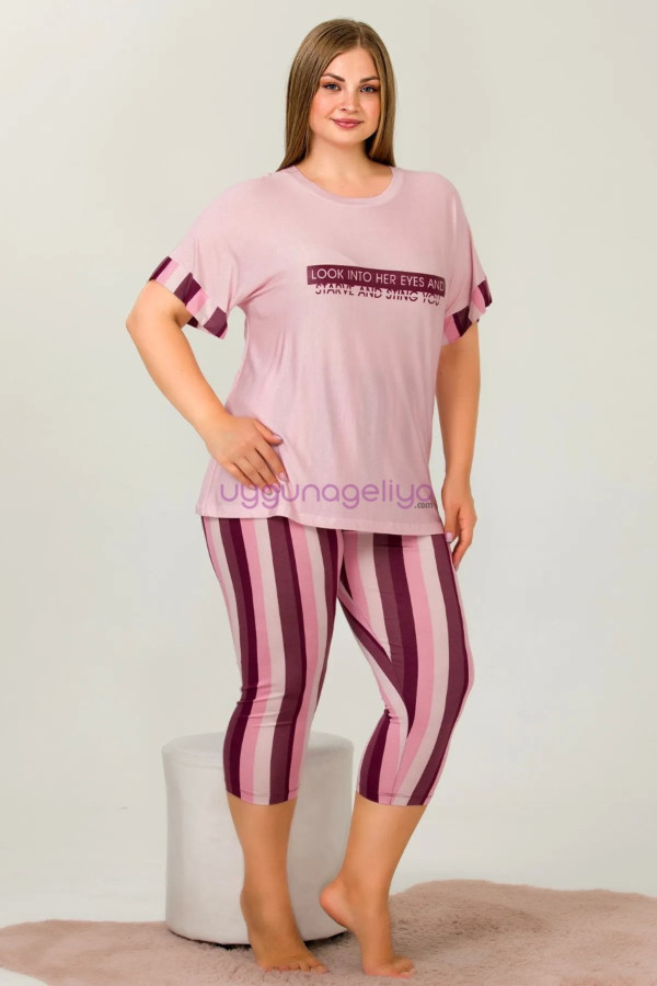 gül kurusu renkli ve çiçek desenli lady 10640 büyük beden kapri pijama takımı, eli̇t0010646-2xl, lady pijama takımı, ELİT0010646-2XL