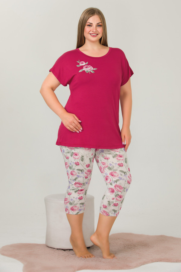 bordo renk ve çiçek desenli lady 10641 büyük beden kapri pijama takımı, eli̇t0010641-2xl, lady pijama takımı, ELİT0010641-2XL