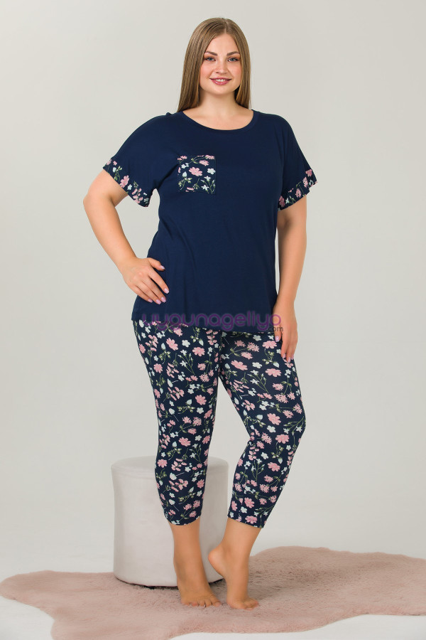 lacivert renk ve çiçek desenli lady 10642 büyük beden kapri pijama takımı, eli̇t0010642-2xl, lady pijama takımı, Lady