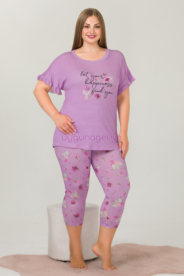 lila renk ve çiçek desenli lady 10643 büyük beden kapri pijama takımı, eli̇t0010643-2xl, lady pijama takımı, ELİT0010643-2XL
