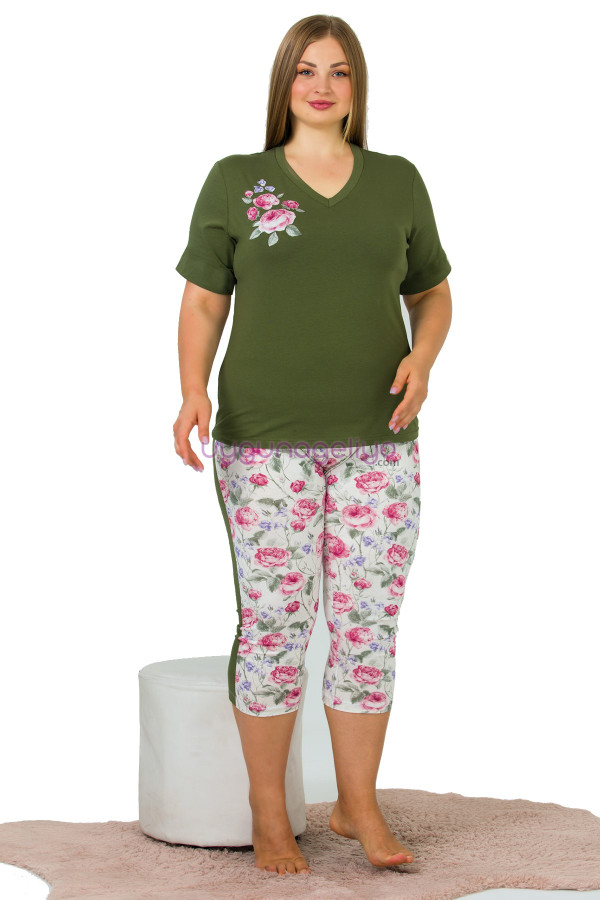 haki yeşil renk ve çiçek desenli lady 10644 büyük beden kapri pijama takımı, eli̇t0016044-2xl, lady pijama takımı, ELİT0016044-2XL