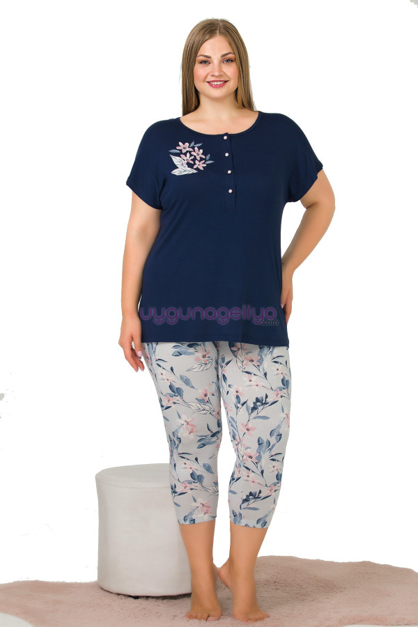 lacivert renk ve çiçek desenli lady 10646 büyük beden kapri pijama takımı, eli̇t0010646-2xl, lady pijama takımı, ELİT0010646-2XL