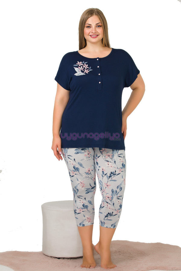 lacivert renk ve çiçek desenli lady 10646 büyük beden kapri pijama takımı, eli̇t0010646-2xl, lady pijama takımı, Lady