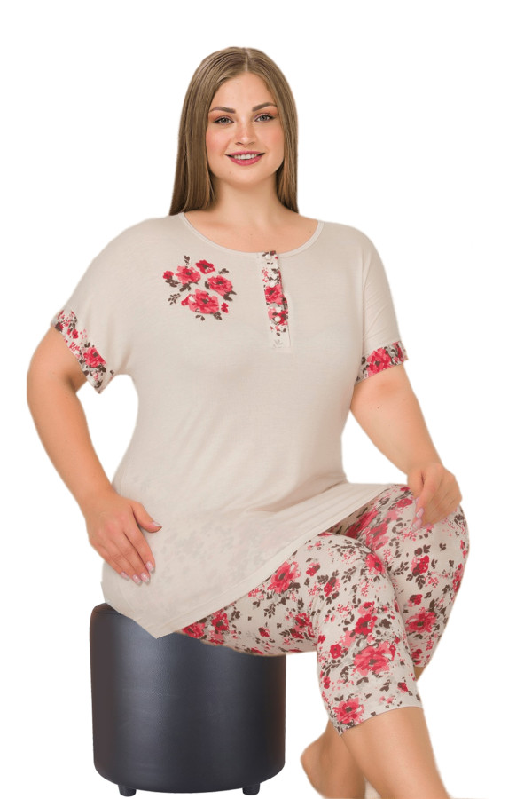 krem renk ve çiçek desenli lady 10648 büyük beden kapri pijama takımı, eli̇t0010648-2xl, lady pijama takımı, Lady