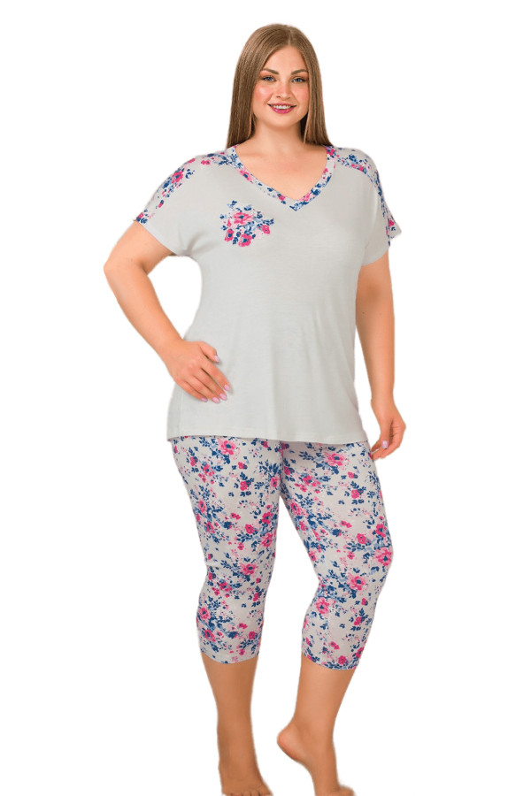 gri renk ve çiçek desenli lady 10649 battal büyük beden kapri pijama takımı, lady-10649, giyim ve aksesuar, Jenika