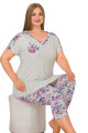 gri renk ve çiçek desenli lady 10649 büyük beden kapri pijama takımı, lady-10649, lady pijama takımı