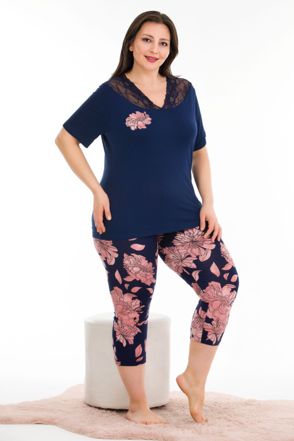 lacivert renk ve çiçek desenli lady 10669 büyük beden kapri pijama takımı, ub-lady-10669-2xl, lady pijama takımı, Lady