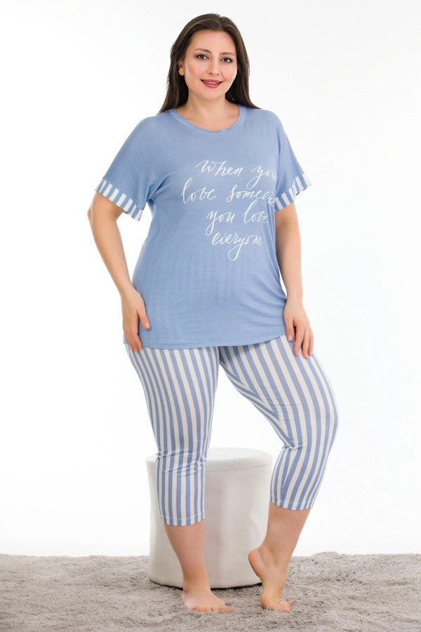 mavi renk ve çizgi desenli lady 10670 büyük beden kapri pijama takımı, ub-lady10670-2xl, lady pijama takımı, UB-LADY10670-2XL