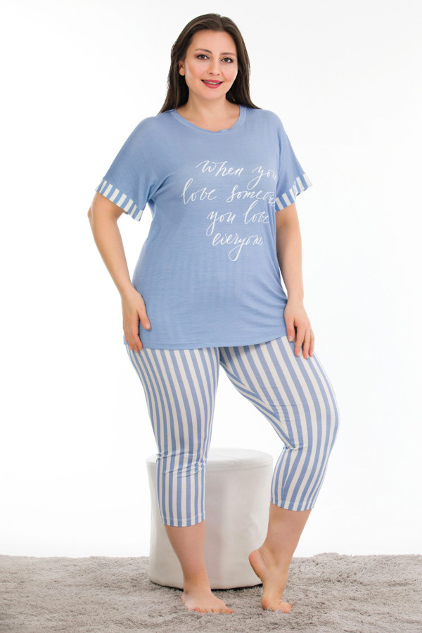 mavi renk ve çizgi desenli lady 10670 büyük beden kapri pijama takımı, ub-lady10670-2xl, lady pijama takımı, Lady