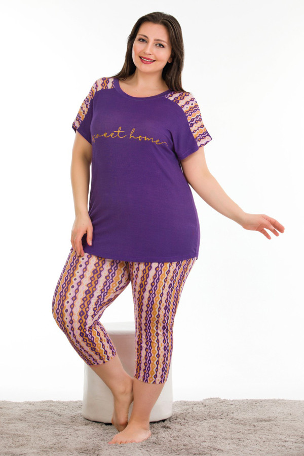 mor renk ve çiçek desenli lady 10671 büyük beden kapri pijama takımı, ub-lady10671-2xl, lady pijama takımı, Lady
