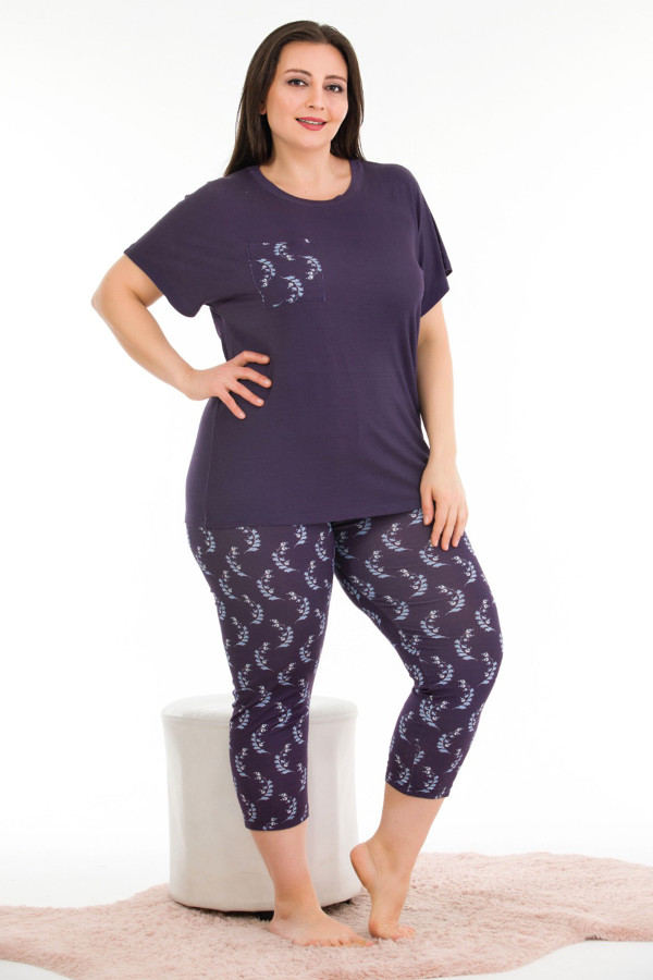 lacivert renk ve çiçek desenli lady 10674 büyük beden kapri pijama takımı, ub-lady10674-2xl, lady pijama takımı, UB-LADY10674-2XL