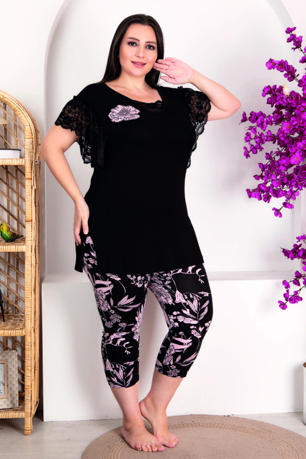 siyah renk ve çiçek desenli lady 10690 büyük beden kapri pijama takımı, lady-10690-2xl, lady pijama takımı, LADY-10690-2XL