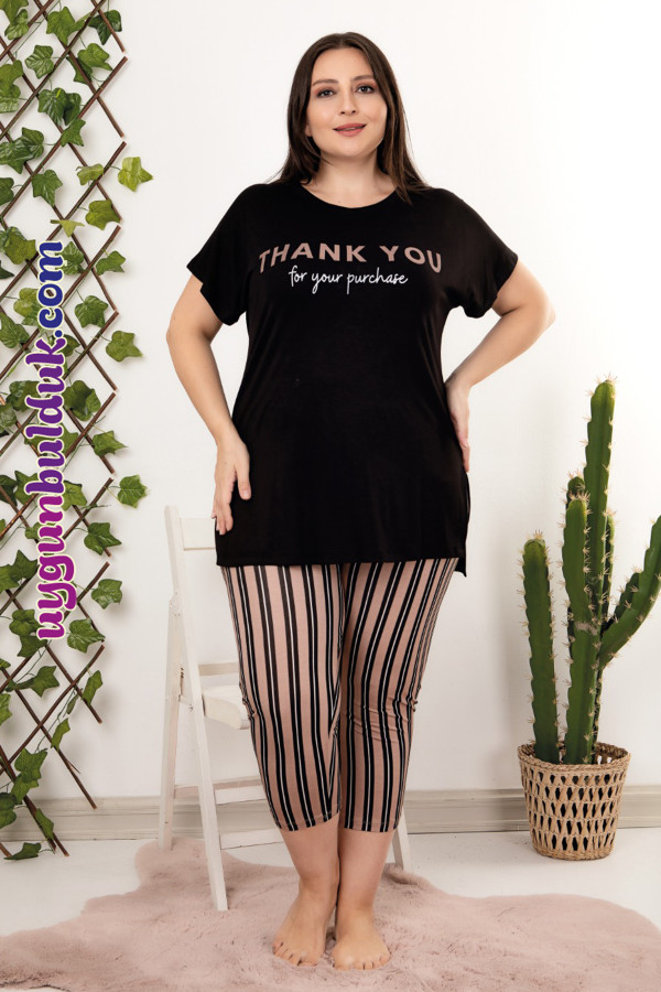 siyah renk ve çizgi desenli lady 10698 büyük beden kapri pijama takımı, lady-10698-2xl, lady pijama takımı, Lady