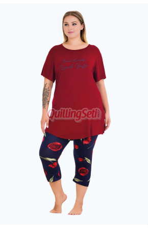 Bordo Lacivert Renk ve Çiçek Desenli Lady 10728  Kadın Büyük Beden Kapri Pijama Takımı