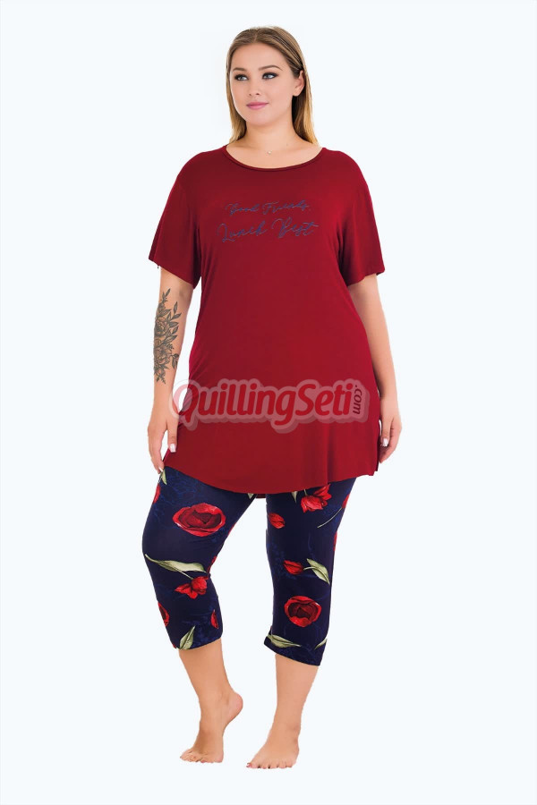 bordo lacivert renk ve çiçek desenli lady 10728  kadın büyük beden kapri pijama takımı, 8509990028022, lady pijama takımı, Lady