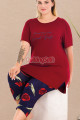 bordo lacivert renk ve çiçek desenli lady 10728  kadın büyük beden kapri pijama takımı, 8509990028022, lady pijama takımı, Lady